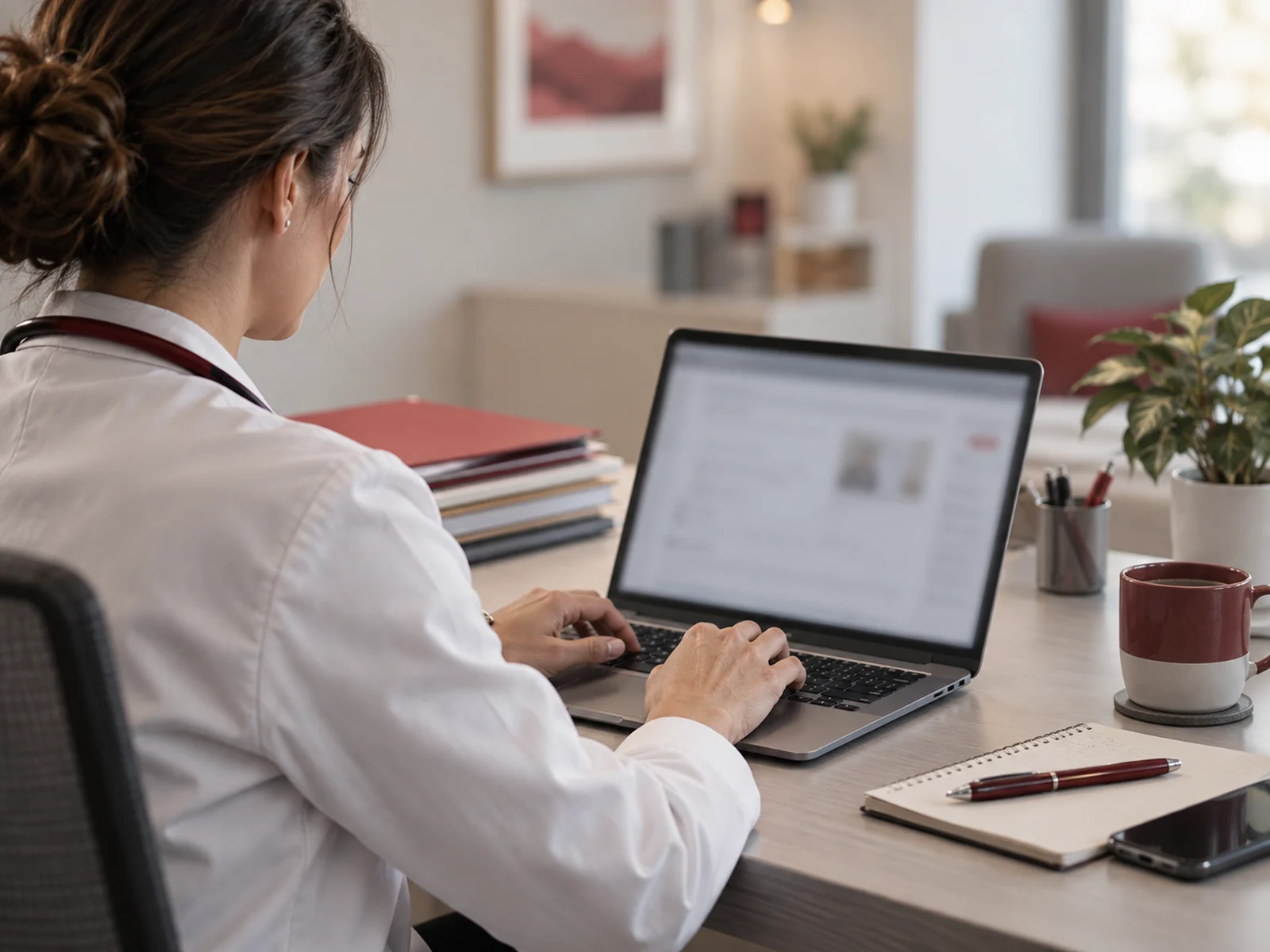 Professionista al lavoro con un computer e documentazione organizzata