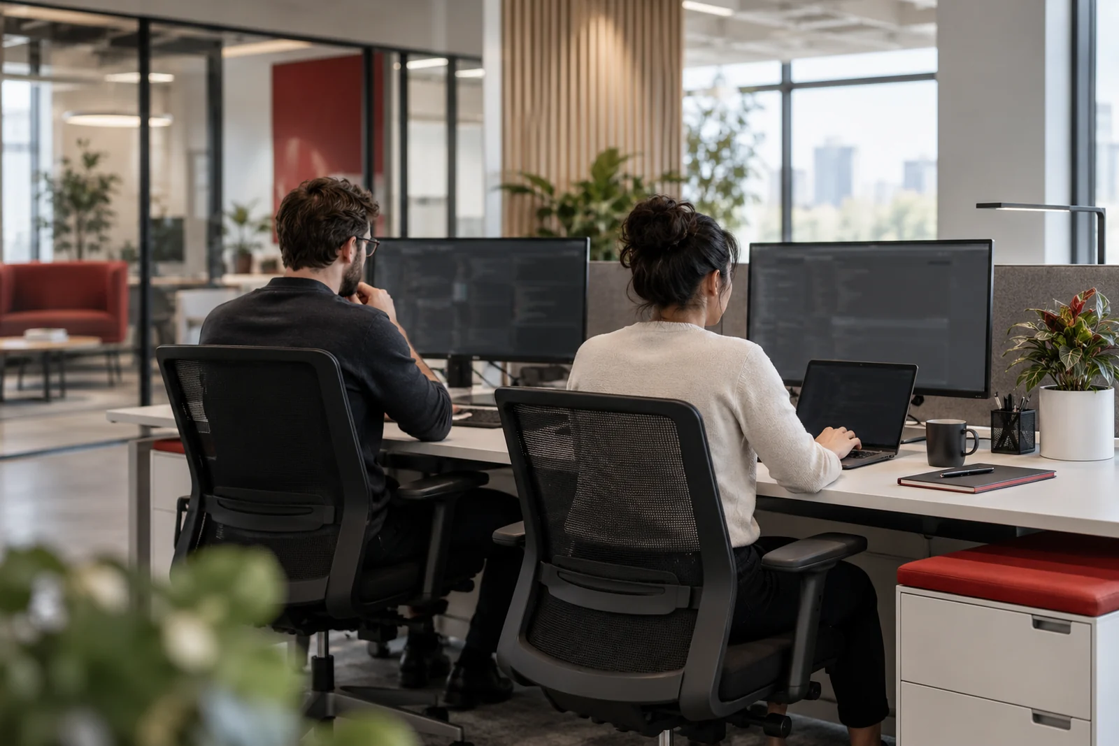 Professionisti tecnologici collaborano in un ambiente di lavoro digitale